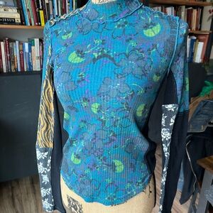 Free People Meadow Mix Long Sleeve top with mixed prints in a blue combo color